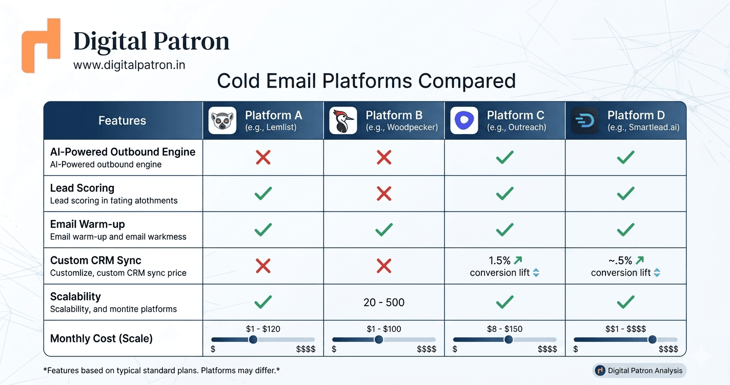 Three cold email tool dashboards side-by-side, representing a comparison of Instantly, Smartlead, and Apollo