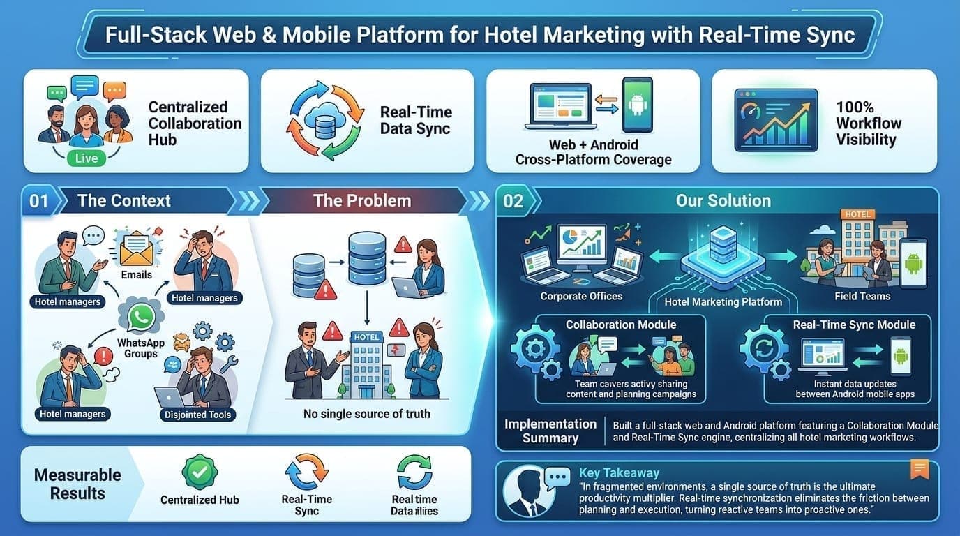 Infographic of The Hotel Media platform built by Digital Patron: a web dashboard and Android app sharing one real-time sync engine for corporate and field teams