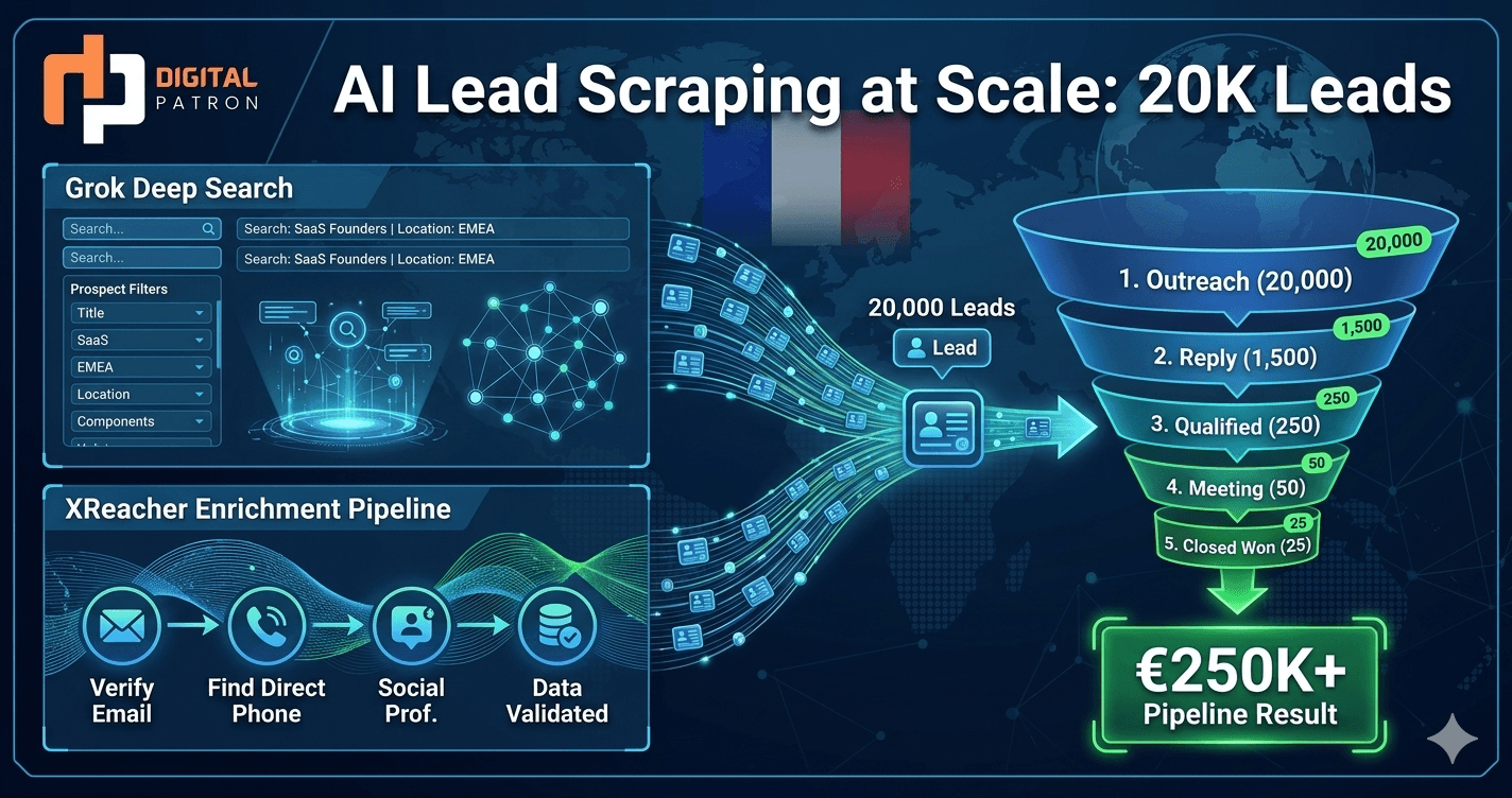 Grok Deep Search interface with lead filtering criteria and XReacher enrichment pipeline — visual representation of the AI lead scraping workflow
