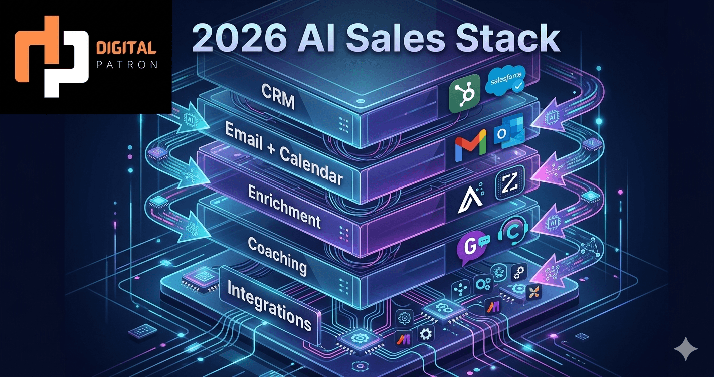 Sales tech stack diagram showing integration between CRM, email, calendar, enrichment, and AI coaching tools