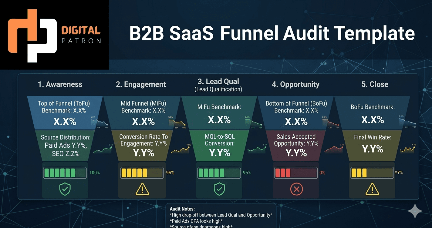 Marketing funnel visualization showing awareness stage, engagement stage, SQL stage, and close stage with conversion rates and leak analysis