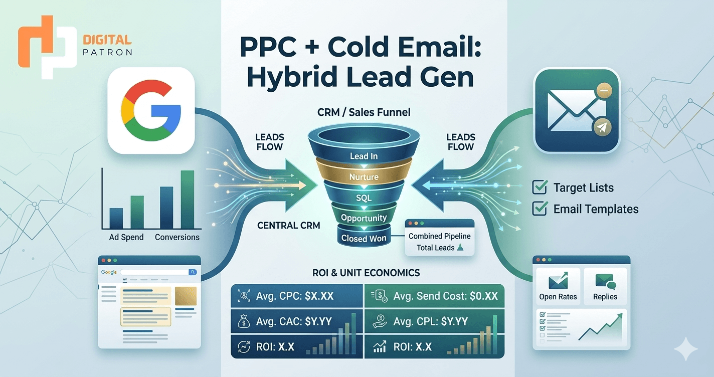 Lead generation funnel showing PPC ads feeding into retargeting audiences and cold email sequences, with combined pipeline outcomes
