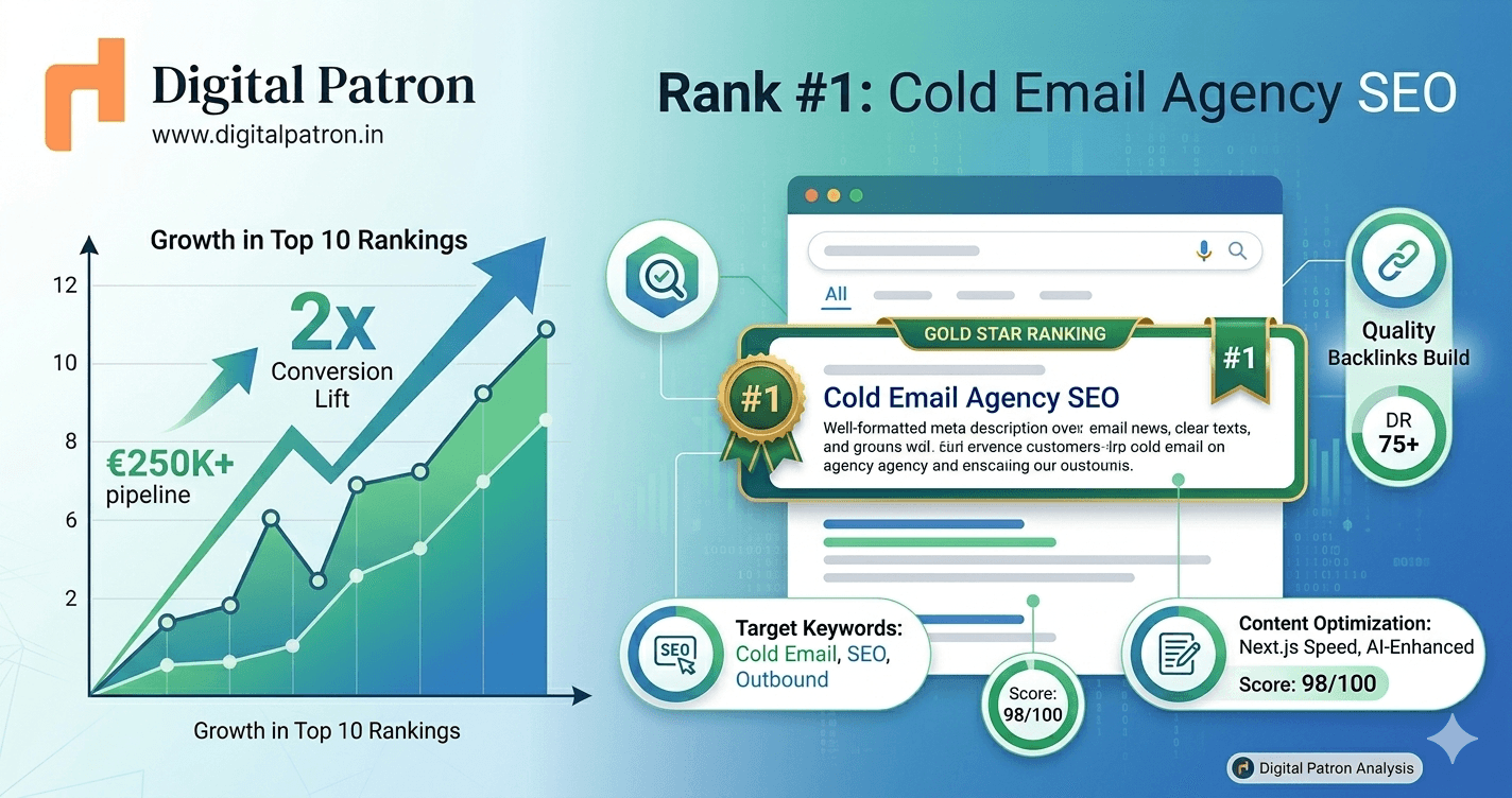 Google search results for 'cold email agency' showing Digital Patron in position #1 across mobile and desktop