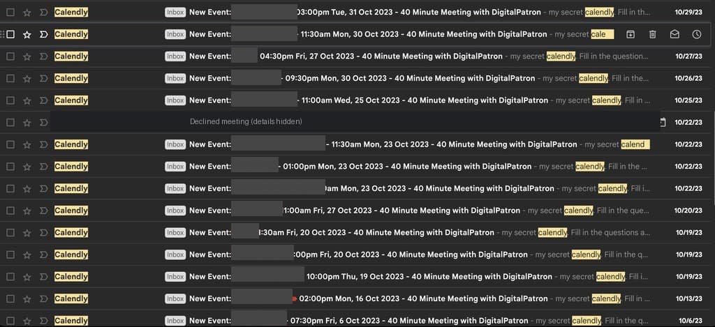 Inbox showing Calendly booking notifications for 40-minute meetings, 6 to 31 October 2023, with names hidden